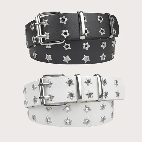 Punk Y2K Hollow Out Star Grommet Belt Double Prong Buckle PU Leather Waistband For Women Harajuku Streetwear Casual Accessories