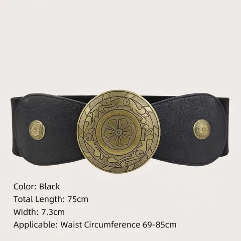 Vintage Round Plate Buckle Elastic Cinch Belt For Women PU Leather Floral Embossed Wide Waist Band For Suit Dress Accessories