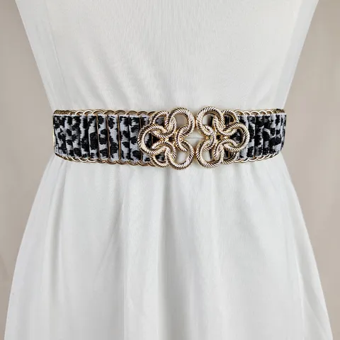 Women Elastic Belt Leopard Print Alloy Chinese Knot Metal Buckle Fashion Versatile Waistband Dresses Accessory Metal Belt