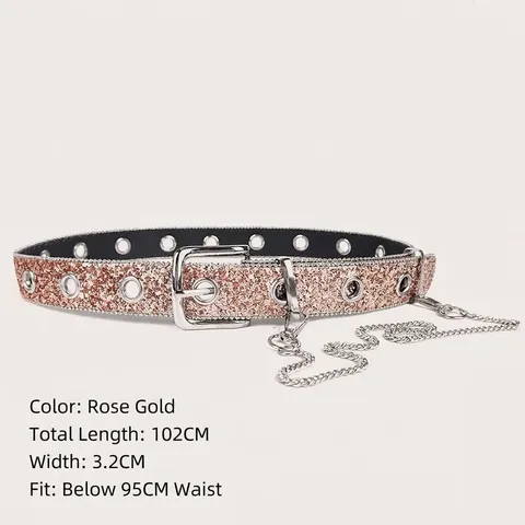 Women Shiny Sequin Belt With Metal Eyelets Decorative Side Chain Y2K Spicy Girl Style PU Alloy Pin Buckle Waist Belt For Jeans Skirt