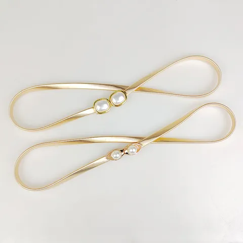 Women Fashion Gold Metal Spring Belt Elastic Slim Waist Chain With Artificial Pearl Rhinestone Heart Leaf Decorative Belt