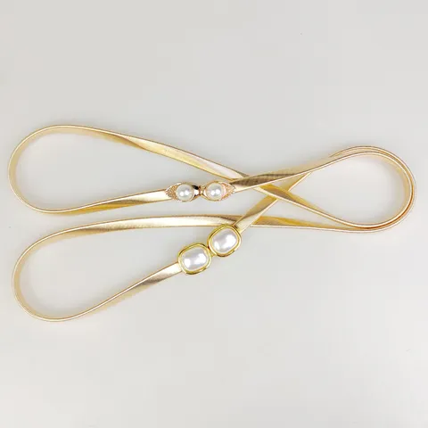 Women Fashion Gold Metal Spring Belt Elastic Slim Waist Chain With Artificial Pearl Rhinestone Heart Leaf Decorative Belt