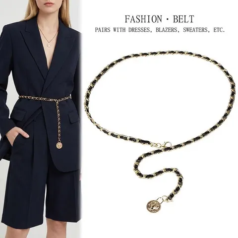 Vintage Metal Leather Interwoven Chain Belt For Women Fashion Alloy Camellia Flower Pendant Waist Chain Decorative Belt For Dress
