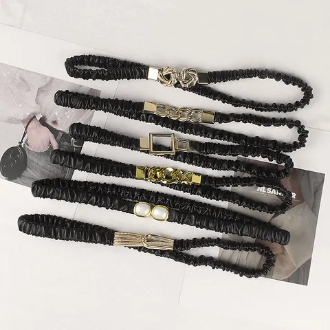 Damen Elastisch Geriffelt Taillengürtel Mode PU-Leder Stretch Cinch Gürtel Mit Gold Silber Legierung Schnalle Für Kleider Deko