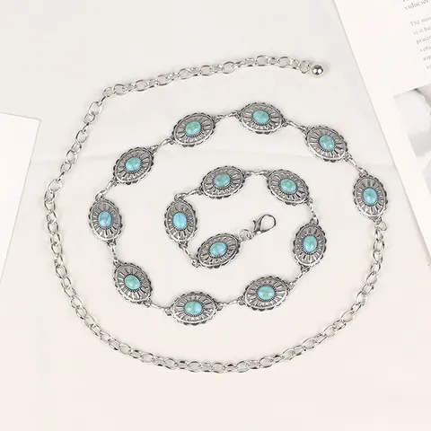 Böhmische Türkis Metall Kette Gürtel Für Damen Vintage Verstellbare Hohle Geschnitzte Blumen Taille Kette Dekorativer Schmuck Gürtel Für Kleider