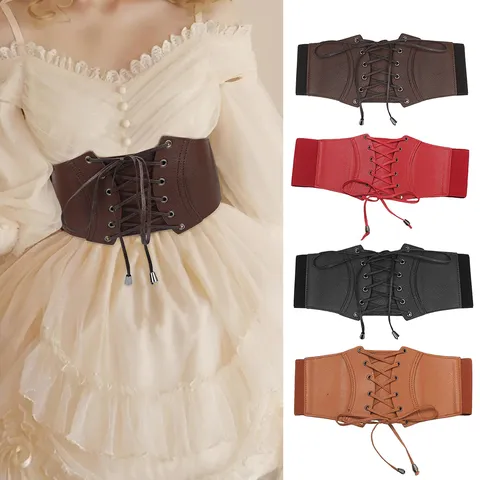 Women's Retro Wide Corset Belt Vintage Lace-up Elastic Waistband For Dresses PU Leather Waist Belt Fashion Decorative Cincher