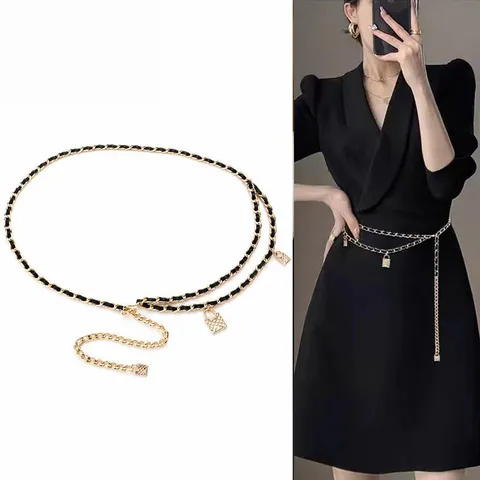 Elegante Cintura a Catena in Vita da Donna in Pelle PU Intrecciata Con Pendente a Lucchetto Per Abiti Maglioni Catena Regolabile