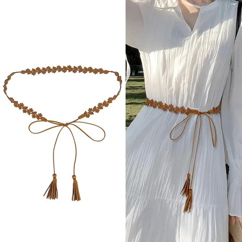 Boheems Laser Gesneden Bloem Taille Riem Vrouwen Kwastje Strikken Touw Dun Riem Retro Decoratieve Tailleketting Voor Jurk Mode