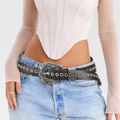 Y2K Punk PU Leather Belt For Women Men Vintage Engraved Alloy Buckle Rivet Grommet Jeans Belt Retro Streetwear Waistband