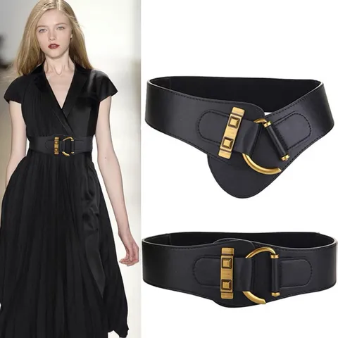 Women Fashion Genuine Leather Corset Belt Vintage Wide Stretch Elastic Waist Belt Decorative Cinch Belt With Interlocking Alloy Buckle For Windbreaker Dress