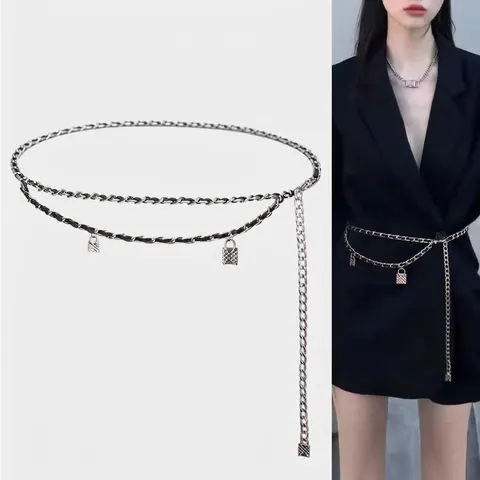 Elegante Cintura a Catena in Vita da Donna in Pelle PU Intrecciata Con Pendente a Lucchetto Per Abiti Maglioni Catena Regolabile