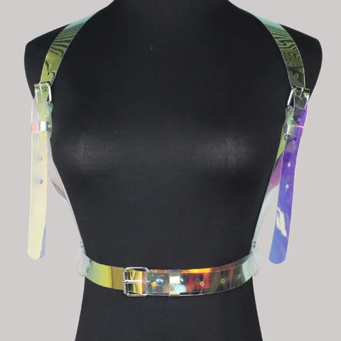Imbracatura da Donna in PVC Olografico Cintura Regolabile Punk Laser Catena per il Corpo Accessorio Vita Con Fibbia in Lega per Foto Festa