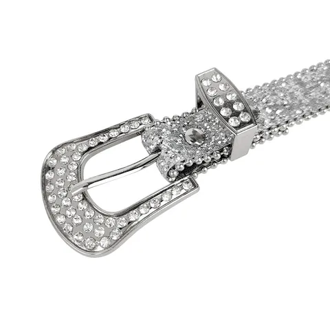 Women Y2K Silver Rhinestone Belt Western Shiny Sparkly Sequin Waist Strap Alloy Pin Buckle For Jeans Cowboy Pants Accessories
