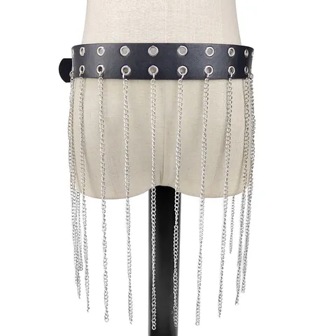 Cinturón de Cuero PU Punk Y2K para Mujer Cadena de Cintura con Borlas de Metal Plateado Cadena de Cuerpo Cinturón de Doble Ojal para Fiesta