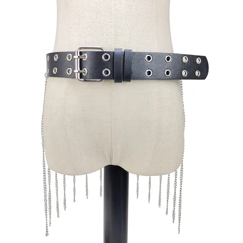 Cinturón de Cuero PU Punk Y2K para Mujer Cadena de Cintura con Borlas de Metal Plateado Cadena de Cuerpo Cinturón de Doble Ojal para Fiesta