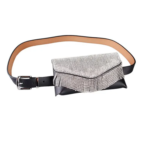 Women's Rhinestone Waist Bag Belt Fashion PU Leather Mini Square Phone Pouch Waist Belt With Tassel Rhinestone Decor