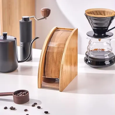 Soporte para Filtro de Café de Madera Estilo Japonés Estante de Almacenamiento de Papel de Filtro Con Tapa Antipolvo en Forma de Abanico