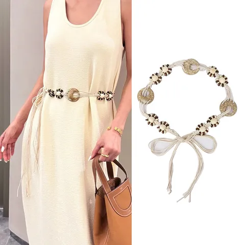 Cintura a Vita Intrecciata a Mano Bohemien Per Donna Catena a Vita Boho Con Nappe e Perline in Legno Regolabile