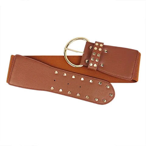 Ceinture Élastique Rétro pour Femmes Ceinture Corset Large Avec Boucle Ronde Dorée et Rivets Accessoires de Mode