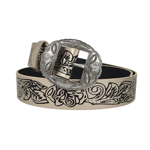 Vintage Western Floral Print PU Leather Belt For Women Men Retro Champagne Gold Waistband With Large Oval Metal Buckle