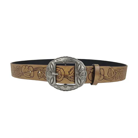 American Retro Ethnic Y2K Rose Embossed PU Leather Belt For Women Western Cowboy Alloy Engraved Buckle Jeans Belt Brown