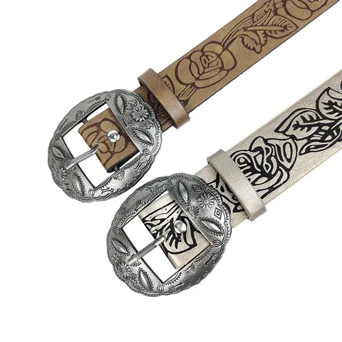 American Retro Ethnic Y2K Rose Embossed PU Leather Belt For Women Western Cowboy Alloy Engraved Buckle Jeans Belt Brown