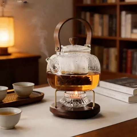 Black Walnut Wood Tea Warmer Base With Fluted Glass Candle Holder Metal Stand Retro Decorative Teapot Heater For Home Office Camping