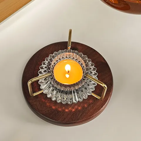 Black Walnut Wood Tea Warmer Base With Fluted Glass Candle Holder Metal Stand Retro Decorative Teapot Heater For Home Office Camping
