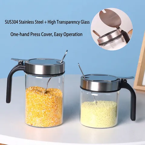 Light Luxury Borosilicate Glass Seasoning Box Moisture-proof Spice Jar Set With Stainless Steel Lid And Spoon Kitchen Storage Bottle
