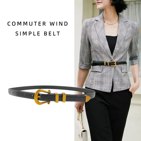 Women Vintage Faux Leather Belt With Gold Horseshoe Buckle Retro Minimalist Thin Waist Belt For Jeans Dresses Waistband