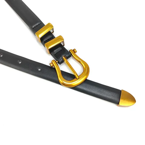 Women Vintage Faux Leather Belt With Gold Horseshoe Buckle Retro Minimalist Thin Waist Belt For Jeans Dresses Waistband