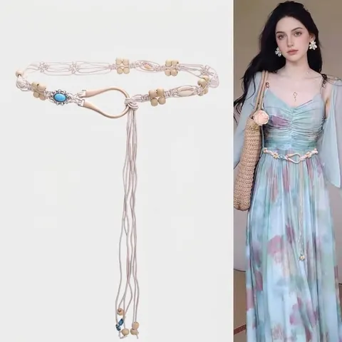 Bohemian Ethnic Braided Waist Belt For Women Hand-Knotted Cotton Linen Rope Belt With Shell Wood Beads Tassels