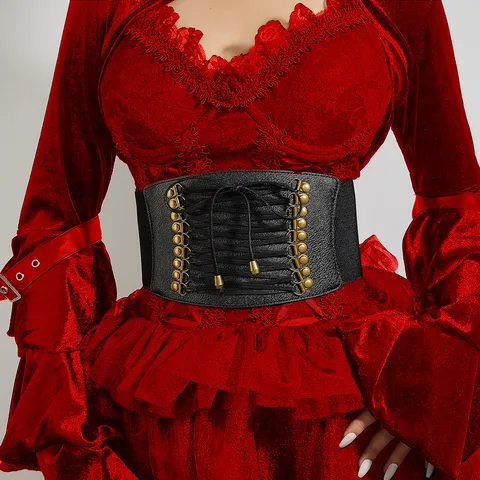 Women Fashion Wide Corset Belt Faux Leather Elastic Waistband Lace Up Tassel Decorative Waist Belt For Dresses Coats