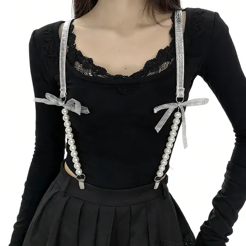 Women Pearl Suspender Clips Adjustable Elastic Glitter Strap Bow Tie Clothing Accessories For Dresses Skirts Fashion Jewelry