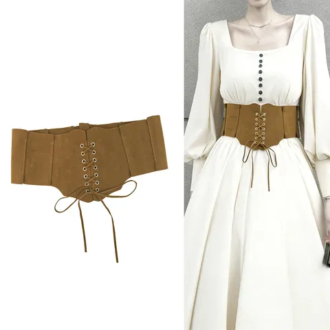 Women's Palace Retro Gothic Lace-up Corset Belt Wide Faux Leather Matte Waistband Elastic Decorative Belt For Dresses
