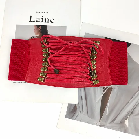 Women Fashion Wide Corset Belt Faux Leather Elastic Waistband Lace Up Tassel Decorative Waist Belt For Dresses Coats