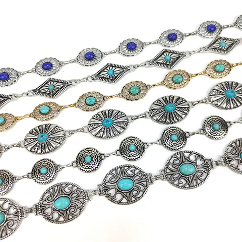 Bohemian Turquoise Metal Chain Belt For Women Vintage Adjustable Hollow Carved Floral Waist Chain Decorative Jewelry Belt For Dresses