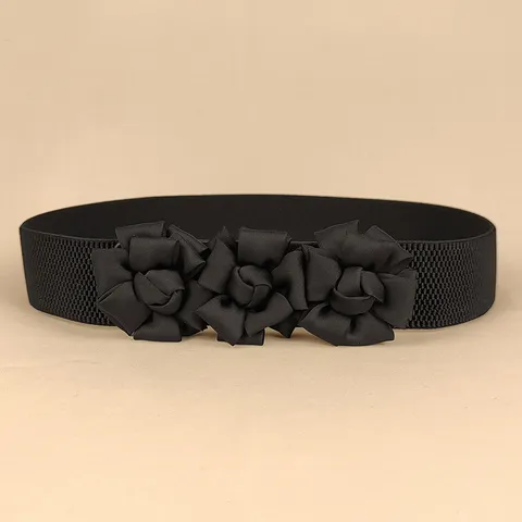 Women's Decorative Elastic Waist Belt With Three 3D Flowers Simple Stretch Cinch Belt For Dresses Skirts Fashion Accessories