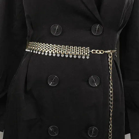 Women Luxury Rhinestone Metal Waist Chain Belt Fashion Mesh Woven Adjustable Link Chain Belt For Dress Suit Jewelry