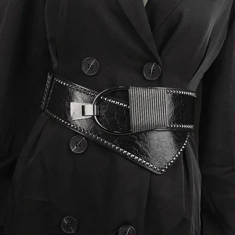 Women Punk Rivet Wide Corset Belt Fashion PU Leather Alloy Round Buckle Elastic Waistband For Dresses Coats Suits