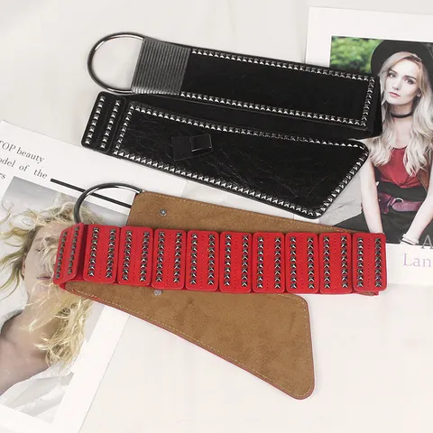 Women Punk Rivet Wide Corset Belt Fashion PU Leather Alloy Round Buckle Elastic Waistband For Dresses Coats Suits