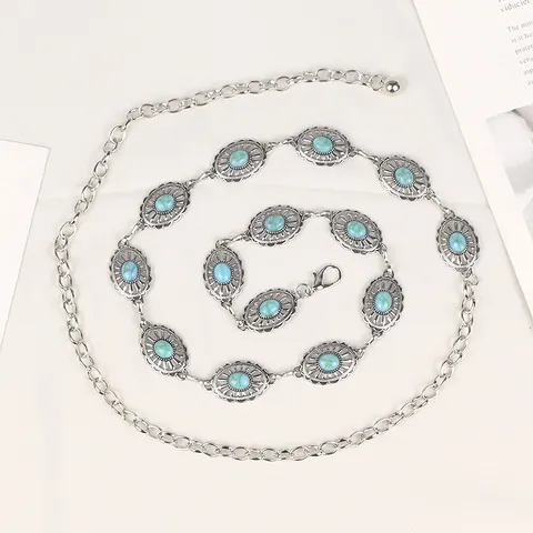 Bohemian Turquoise Metal Chain Belt For Women Vintage Adjustable Hollow Carved Floral Waist Chain Decorative Jewelry Belt For Dresses