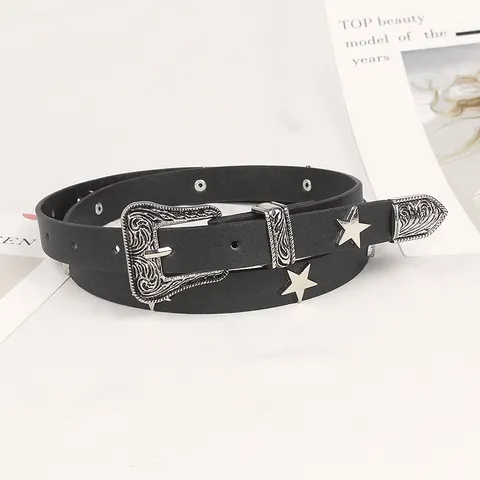 Women Vintage Star Belt American Retro PU Leather Thin Waistband With Engraved Alloy Buckle For Jeans Pants Y2K Fashion Decorative Belt