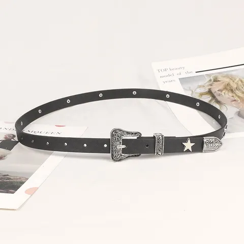 Women Vintage Star Belt American Retro PU Leather Thin Waistband With Engraved Alloy Buckle For Jeans Pants Y2K Fashion Decorative Belt