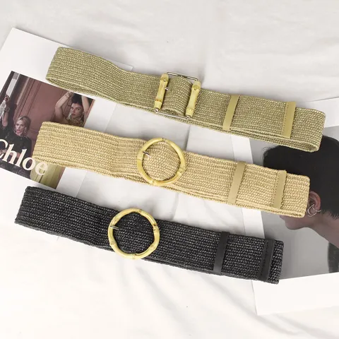 Damen Retro Breit Geflochtener Gürtel PP Stroh Taillenband Mit Rundem Quadratischem Bambus-Stil Schnalle Elastisch Lässig Deko Gürtel