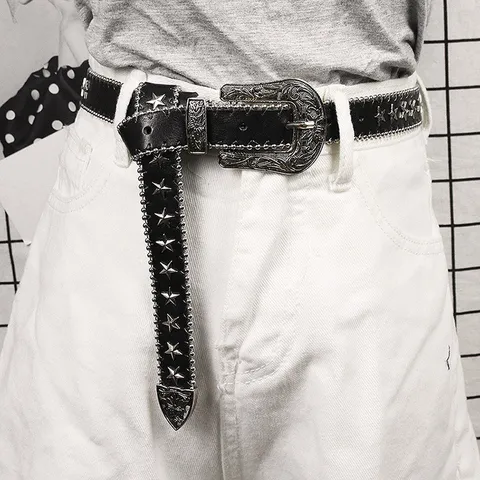 Women's Western Punk Rivet Faux Leather Belt Vintage Western Carved Metal Buckle Star Studded Thin Waist Belt For Jeans Casual Decorative Waistband