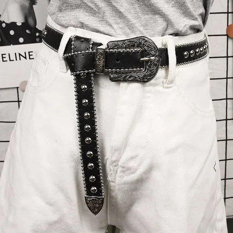 Women's Western Punk Rivet Faux Leather Belt Vintage Western Carved Metal Buckle Star Studded Thin Waist Belt For Jeans Casual Decorative Waistband