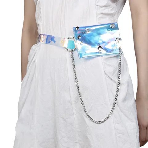 Damen Transparent Irisierend PVC Mini Gürteltasche Gürtel Mit Metallkette Mode Laser Kleine Eckige Bauchtasche Dekorativer Gürtel
