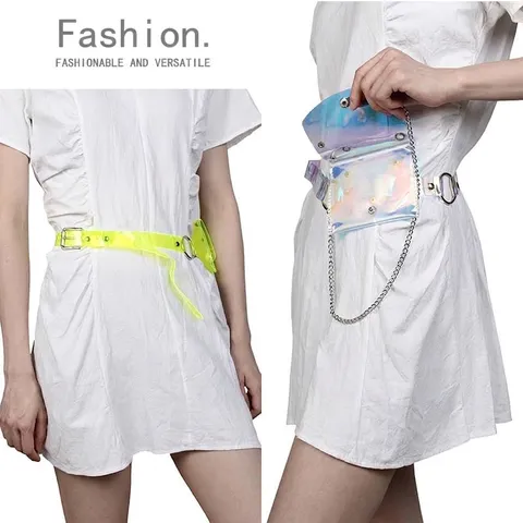 Damen Transparent Irisierend PVC Mini Gürteltasche Gürtel Mit Metallkette Mode Laser Kleine Eckige Bauchtasche Dekorativer Gürtel