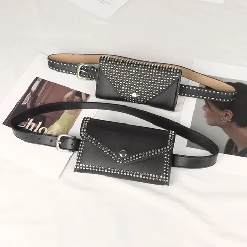 Women Punk Style Rivet Belt Bag Vintage PU Leather Waist Pack Adjustable Pin Buckle Decorative Phone Pouch Belt Accessory